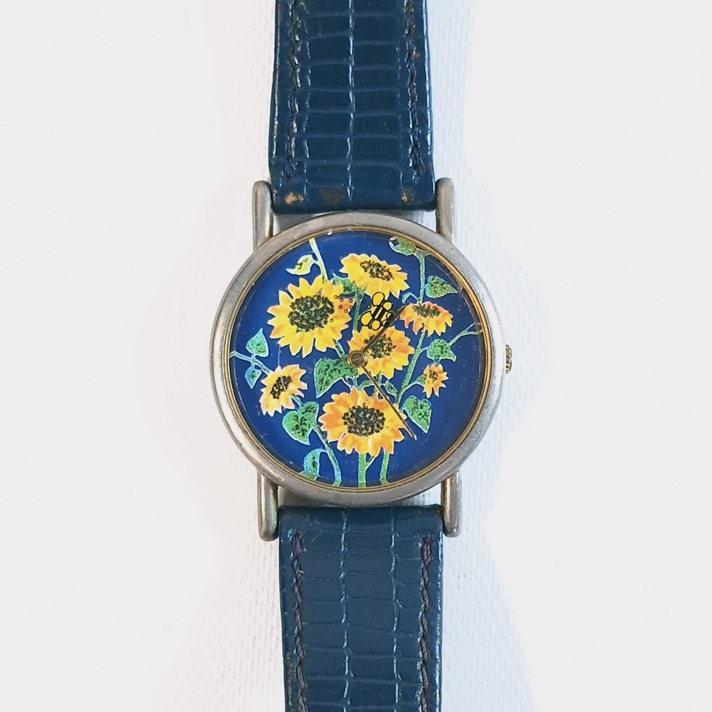 Vintage Valdawn Sunflower Bee Blue Band Ladies Quartz Watch, New Battery
